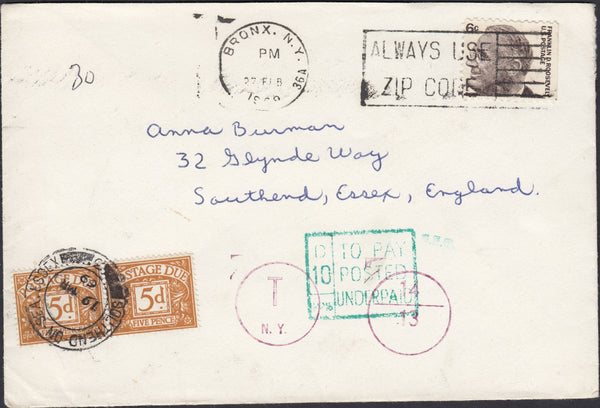 129559 1969 UNDERPAID MAIL USA TO SOUTHEND WITH POSTAGE DUES.