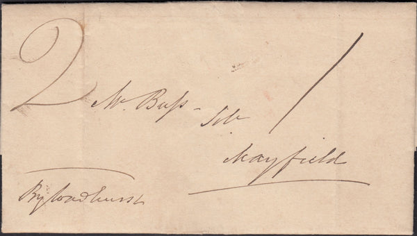 129570 1835 MAIL GOUDHURST, KENT TO MAYFIELD, SUSSEX WITH MANUSCRIPT 'By Wadhurst', 'WADHURST/PENNY POST' AND 'LAMBERHURST' HAND STAMPS.