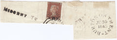 129614 1843 PIECE WITH 1D (SG8)(EI) WITH 'MISSENT TO' AND 'BIRMINGHAM' DATE STAMP.