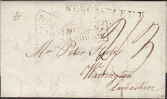 129620 1810 MAIL NEWCASTLE UPON TYNE TO WARRINGTON WITH BOXED 'MISSENT/TO/BERWICK' HAND STAMP (NR218).
