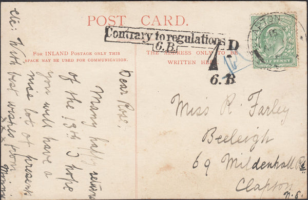 129624 1905 SURCHARGED MAIL USED LOCALLY IN CLAPTON, LONDON.