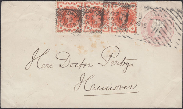 129629 1890 1D PINK LONDON TO HANOVER WITH ½D VERMILION (SG197) X 3 SQUARED CIRCLE AND HOSTER CANCELLATIONS.