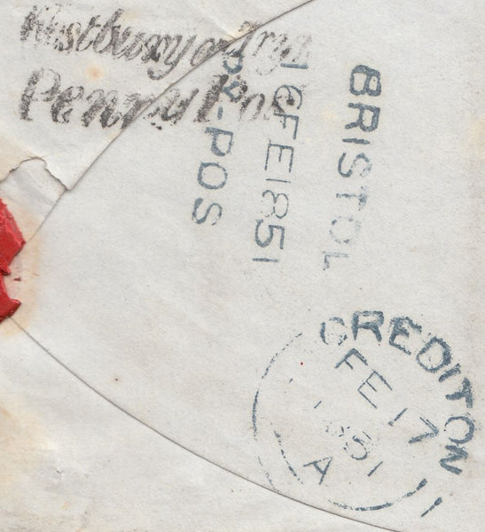 129636 1851 MAIL BRISTOL TO CREDITON, DEVON WITH 'WESTBURY ON TRYM/PENNY POST' (BS160) AND 'BRISTOL/DATE/PY-POST' (BS155) HAND STAMPS.