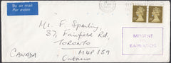 129645 1995 MAIL PLYMOUTH TO CANADA WITH 'MISSENT/TO/BARBADOS' HAND STAMP.