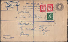 129659 1954 REGISTERED MAIL KENSINGTON TO GERMANY WITH MIXED REIGNS FRANKING.