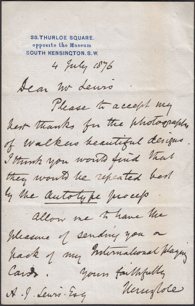 129670 1876 LETTER WRITTEN AND SIGNED 'HENRY COLE' A SIGNIFICANT POSTAL REFORMER.