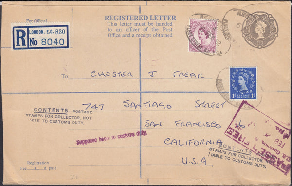 129678 1962 REGISTERED MAIL LONDON TO CALIFORNIA WITH WILDING ISSUE.