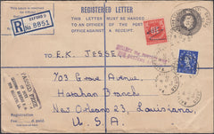 129683 1954 REGISTERED MAIL OXFORD TO LOUISIANA WITH WILDING AND US POSTAGE DUE.
