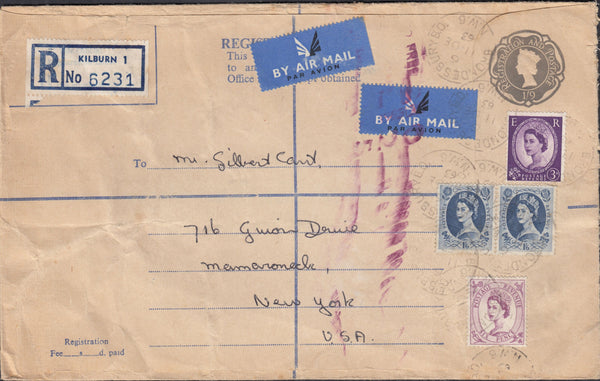 129685 1963 REGISTERED AIR MAIL KILBURN, LONDON TO NEW YORK WITH WILDING FRANKING.