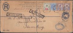 129692 1903 REGISTERED MAIL LONDON TO HAMBURG WITH 2D LATE FEE.