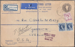 129699 1958 REGISTERED AIR MAIL CROYDON TO USA WITH WILDING FRANKING.