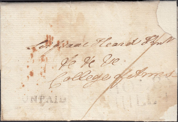 129702 1795 MAIL USED IN LONDON WITH 'HOLBN/HILL - 1 -' RECEIVING HOUSE HAND STAMP LONDON PENNY POST (L418) AND 'UNPAID' HAND STAMP (L551).