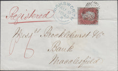 129740 1849 REGISTERED MAIL WIRKSWORTH, DERBYS TO MACCLESFIELD WITH 1D (SG8) PAYING POSTAGE AND 6D PAID CASH REGISTERED FEE.