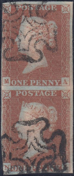 129746 1843 1D PL.28 (SG8) VERTICAL PAIR MA NA CANCELLED DISTINCTIVE STRANRAER 'PEG-LEG' MALTESE CROSS (SPEC B1tag).