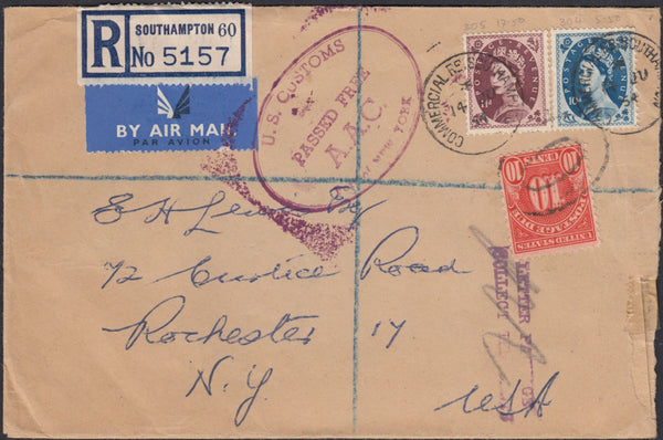 129750 1954 REGISTERED AIR MAIL SOUTHAMPTON TO USA WITH WILDINGS.