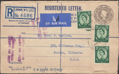 129751 1955 REGISTERED AIR MAIL LONDON TO USA WITH 1/3 WILDINGS.