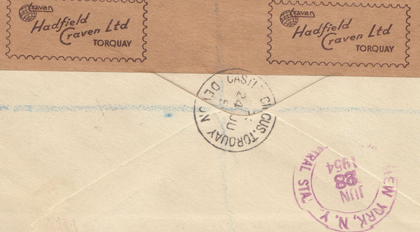 129753 1954 REGISTERED AIR MAIL TORQUAY TO USA/STAMP DEALER.