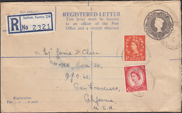 129756 1962 REGISTERED MAIL SUTTON, SURREY TO CALIFORNIA WITH WILDING FRANKING.