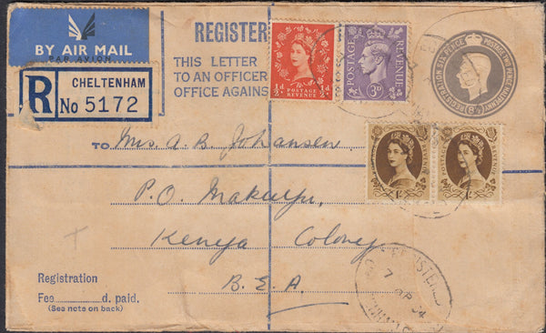 129760 1954 REGISTERED AIR MAIL CHELTENHAM TO KENYA COLONY WITH MIXED REIGNS FRANKING.