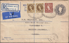 129769 1966 REGISTERED AIR MAIL LONDON TO VANCOUVER, CANADA WITH WILDING FRANKING.