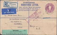 129771 1957 REGISTERED AIR MAIL GODALMING, SURREY TO CALIFORNIA UPRATED WITH 5S CASTLE ON REVERSE.