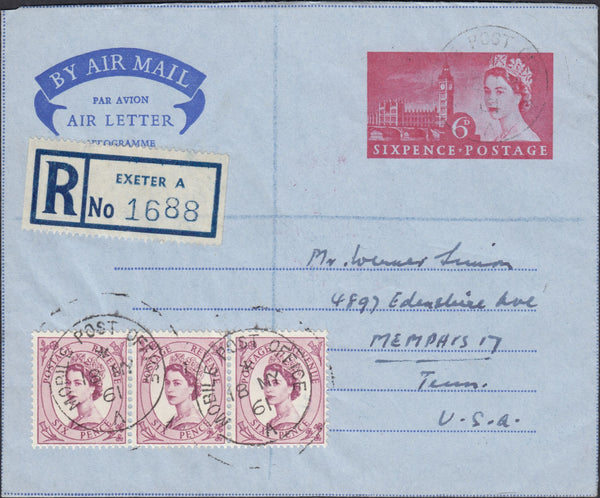 129772 1961 6D AIR LETTER REGISTERED MAIL EXETER TO USA WITH 'MOBILE POST OFFICE' CANCELLATION OF DEVON COUNTY SHOW.