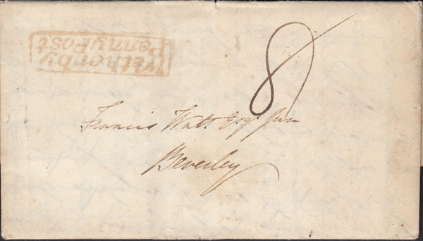 129789 CIRCA 1834-1840 CROSS WRITTEN LETTER ABERFORD, WEST YORKS TO BEVERLEY WITH 'WETHERBY/PENNY POST' HAND STAMP (YK3142).