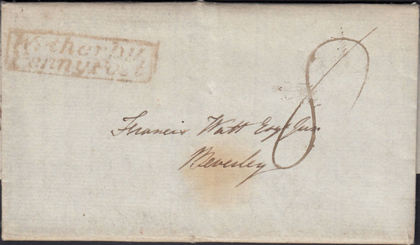 129790 CIRCA 1834-1840 CROSS WRITTEN LETTER ABERFORD, WEST YORKS TO BEVERLEY WITH 'WETHERBY/PENNY POST' HAND STAMP (YK3142).