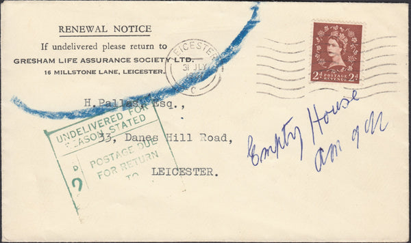 129804 1957 MAIL USED IN LEICESTER, UNDELIVERED WITH MANUSCRIPT 'EMPTY HOUSE'.