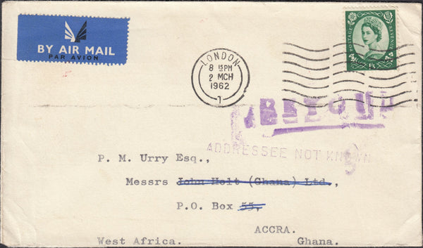 129805 1962 UNDELIVERED MAIL LONDON TO ACCRA, GHANA, WEST AFRICA.