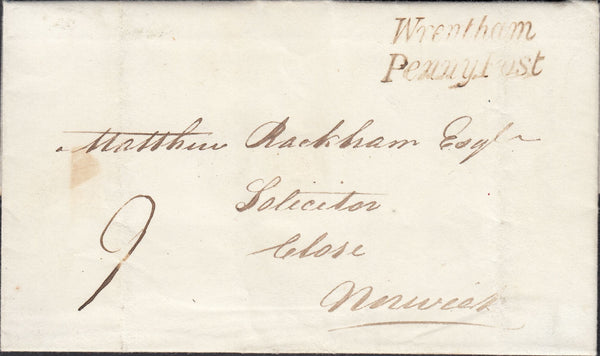 129813 1838 MAIL BENACRE HALL, SUFFOLK TO NORWICH WITH 'WRENTHAM/PENNY POST' HAND STAMP IN BROWN (SK435).