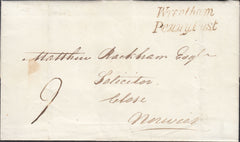 129813 1838 MAIL BENACRE HALL, SUFFOLK TO NORWICH WITH 'WRENTHAM/PENNY POST' HAND STAMP IN BROWN (SK435).