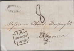 129850 1852 MAIL LONDON TO COGNAC WITH '8' HAND STAMP.