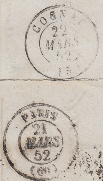 129850 1852 MAIL LONDON TO COGNAC WITH '8' HAND STAMP.