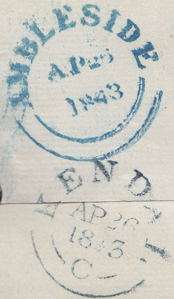 129859 1843 WRAPPER HAWKSHEAD TO KENDAL WITH 1D (SG8) AND 'HAWKSHEAD/PENNY POST' HAND STAMP IN BLUE (LA492).