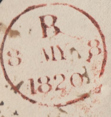 129864 1820 PIECE TO LONDON WITH 'MISSENT TO BRISTOL' HAND STAMP IN RED (BS168).