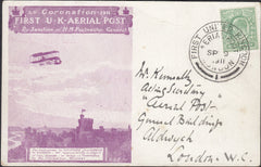 129875 1911 FIRST OFFICIAL U.K. AERIAL POST/PRIVILEGE POST CARD IN VIOLET FROM D. LEWIS POOLE TO MR. KENEALLY.