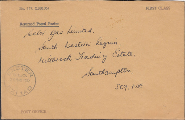 129890 1974 UNDELIVERED MAIL PLYMOUTH TO EXETER AND 1982 'RETURNED POSTAL PACKET' ENVELOPE.