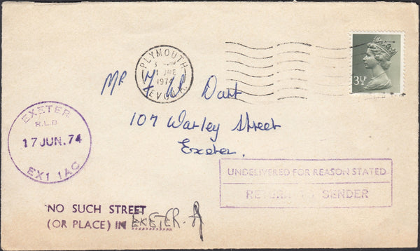 129890 1974 UNDELIVERED MAIL PLYMOUTH TO EXETER AND 1982 'RETURNED POSTAL PACKET' ENVELOPE.