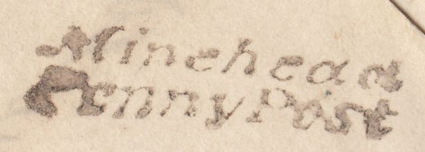 129896 1835 MAIL PORLOCK, DEVON TO BARNSTAPLE WITH 'MINEHEAD/PENNY POST' HAND STAMP (SO628).