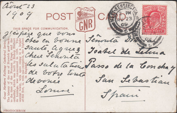 129903 1909 POST CARD WEST KENSINGTON TO SAN SEBASTIAN, SPAIN.