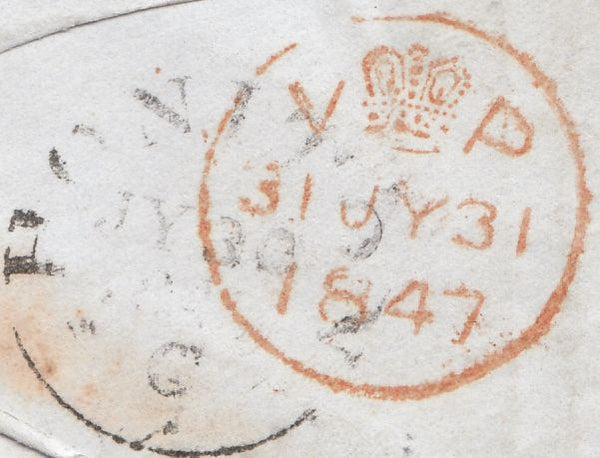 129917 1847 MAIL HONITON TO LONDON WITH 'WHIMPLE/PENNY POST' HAND STAMP IN RED (DN1530).