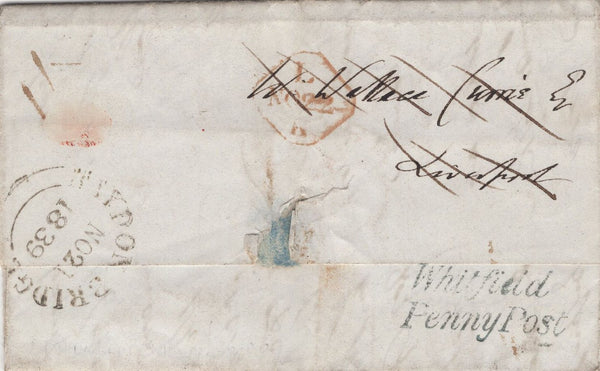 129918 1839 FREE MAIL HAYDON BRIDGE, NORTHUMBERLAND TO LIVERPOOL WITH 'WHITFIELD/PENNY POST' HAND STAMP (NR703).