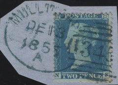 129945 1855 'MULLINGAR/345' ENGLISH TYPE IRISH SPOON (RA42) IN BLUE ON DATED PIECE 2D BLUE PL.5 (SG34).