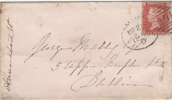 129958 1859 'BALLINA/291' IRISH SPOON (RA5) ON COVER TO DUBLIN.