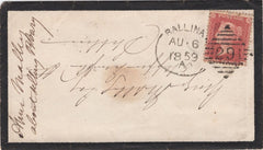 129960 1859 MOURNING ENVELOPE BALLINA TO DUBLIN WITH 'BALLINA/291' IRISH SPOON (RA5).