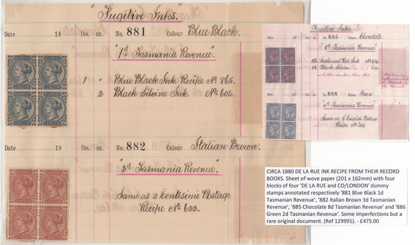 129991 CIRCA 1880 DE LA RUE INK RECIPE FROM THEIR RECORD BOOKS.