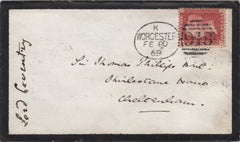 130000 1869 MOURNING ENVELOPE WORCESTER TO CHELTENHAM WITH 1D PL.109 (SG43) CANCELLED 'WORCESTER/918' SPOON SEVENTH RECUT (RA134).