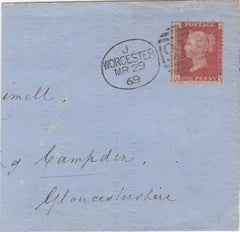 130001 1869 PIECE WITH 1D PL.90 (SG43) CANCELLED 'WORCESTER/918' SPOON SEVENTH RECUT (RA134).