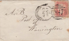 130011 1857 MAIL USED IN WARRINGTON WITH 'WARRINGTON/847' RECUT SPOON (RA124).